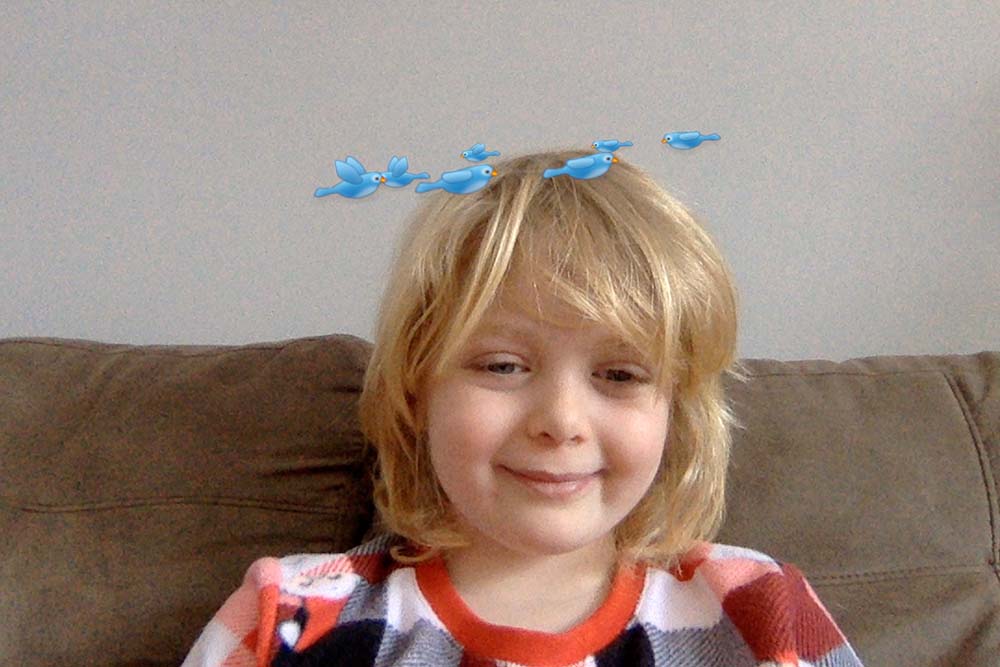 A photo of a girl smiling, with blue birds flying around her head.